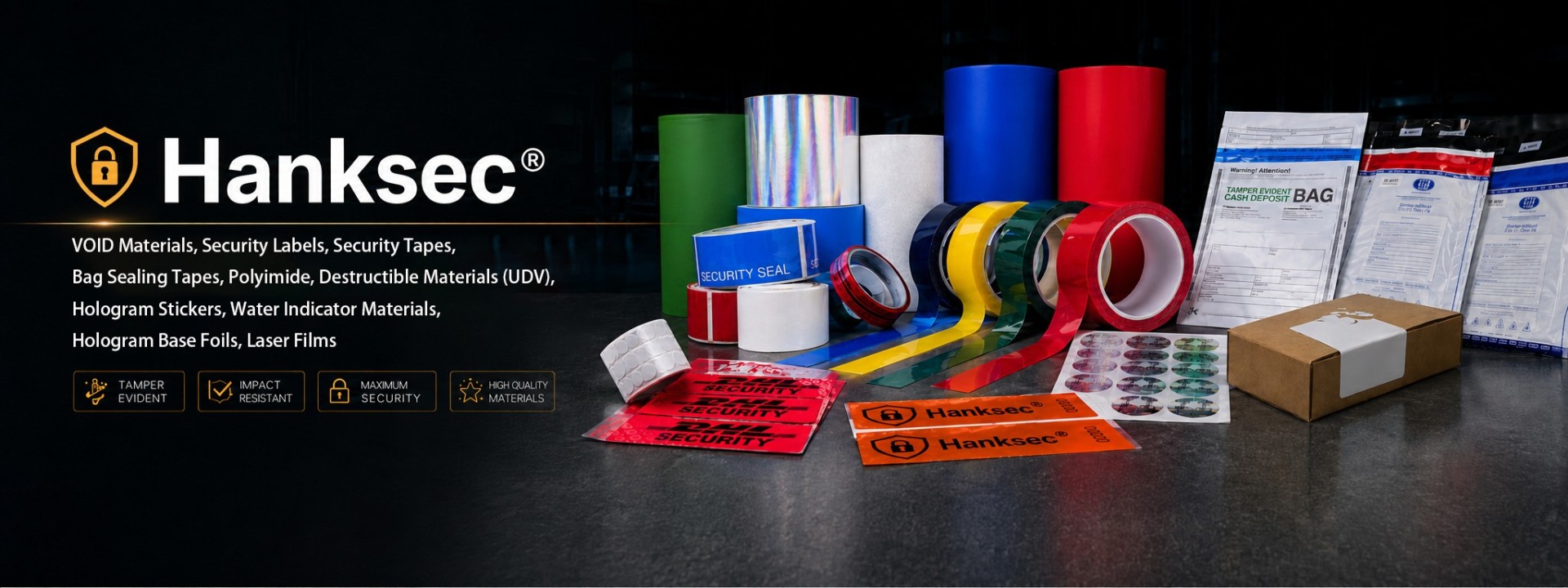 Hanksec offre prodotti e materiali di sicurezza specializzati, tra cui etichette olografiche, sacchetti di sicurezza, etichette indicatrici e materiali di sicurezza.