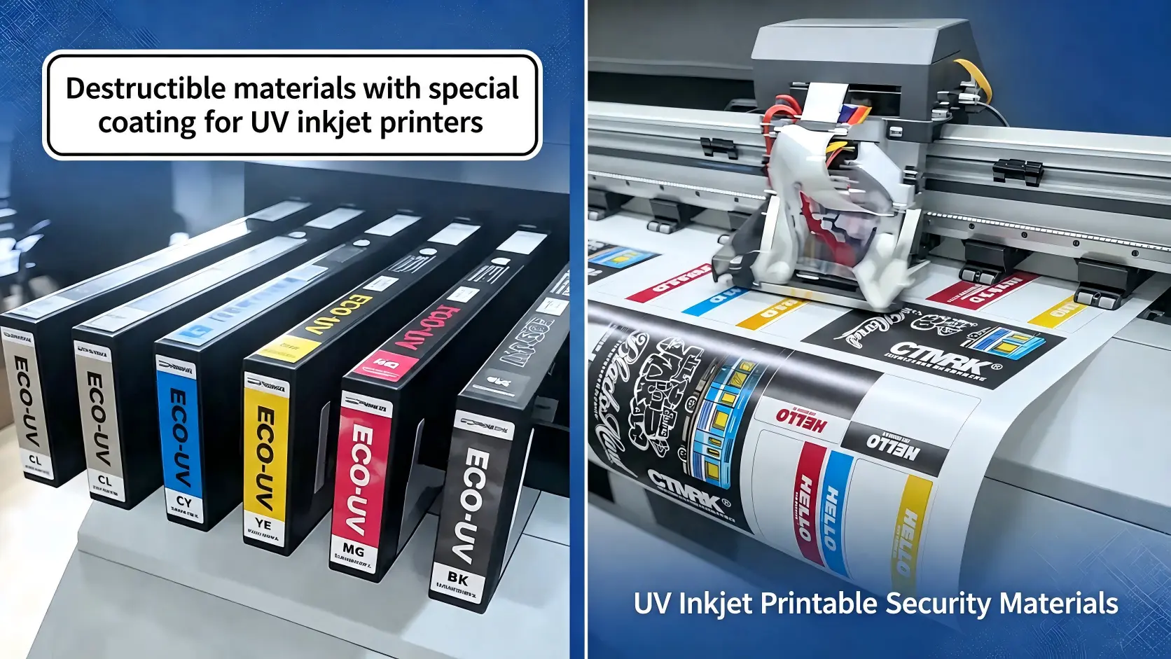 Destructible security label material with special coating for UV inkjet printing and tamper-proof label applications.