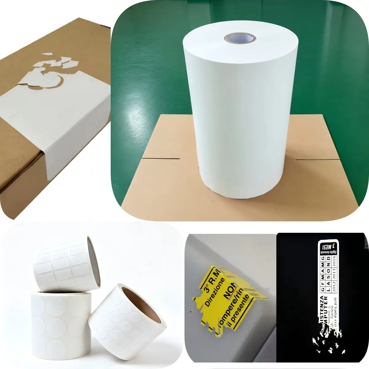 Destructible label material rolls for label converters showing easy, medium and hard destructible security material options.
