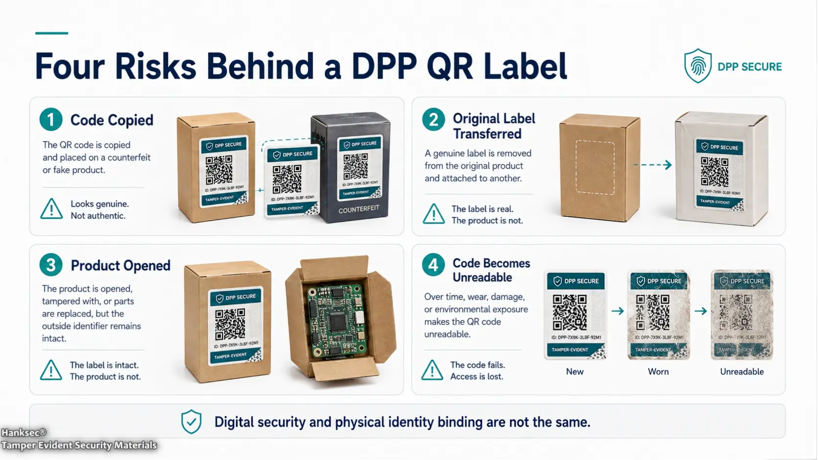 DPP QR code security threats including cloning label transfer opening and durability failure