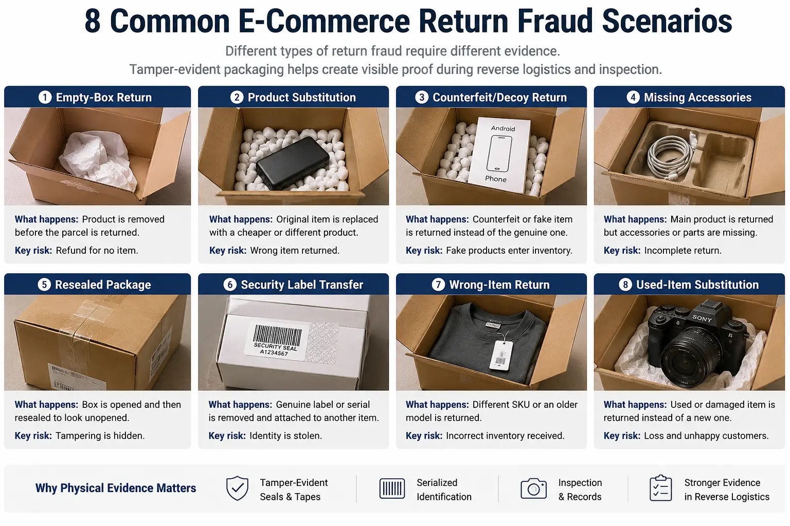 Eight ecommerce return fraud scenarios including product substitution, counterfeit returns, resealed packages, label transfer and wrong-item returns.