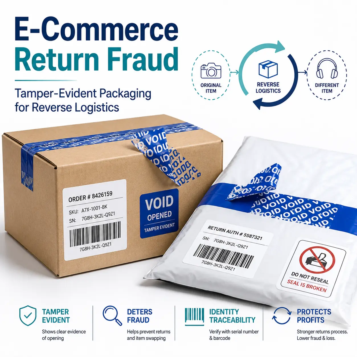 Ecommerce return fraud infographic showing tamper-evident packaging, VOID security tape, product substitution and reverse logistics inspection.