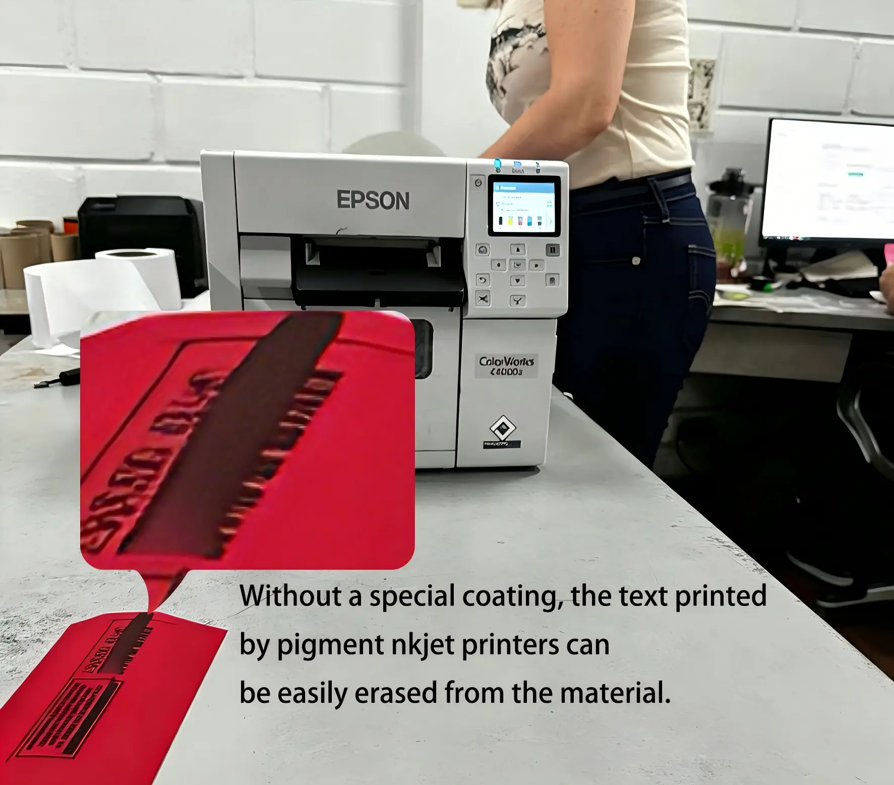 Inkjet printable label material test on Epson ColorWorks showing poor pigment ink adhesion without a special surface coating.