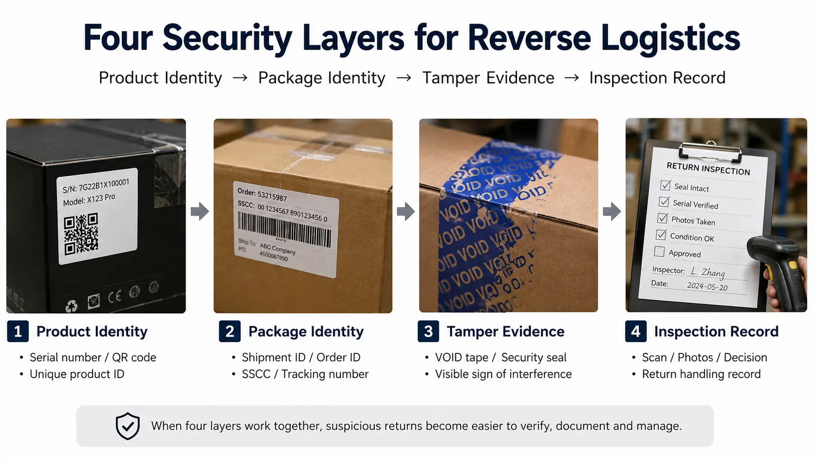Four security layers for reverse logistics showing product identity, package identity, tamper evidence and return inspection records.