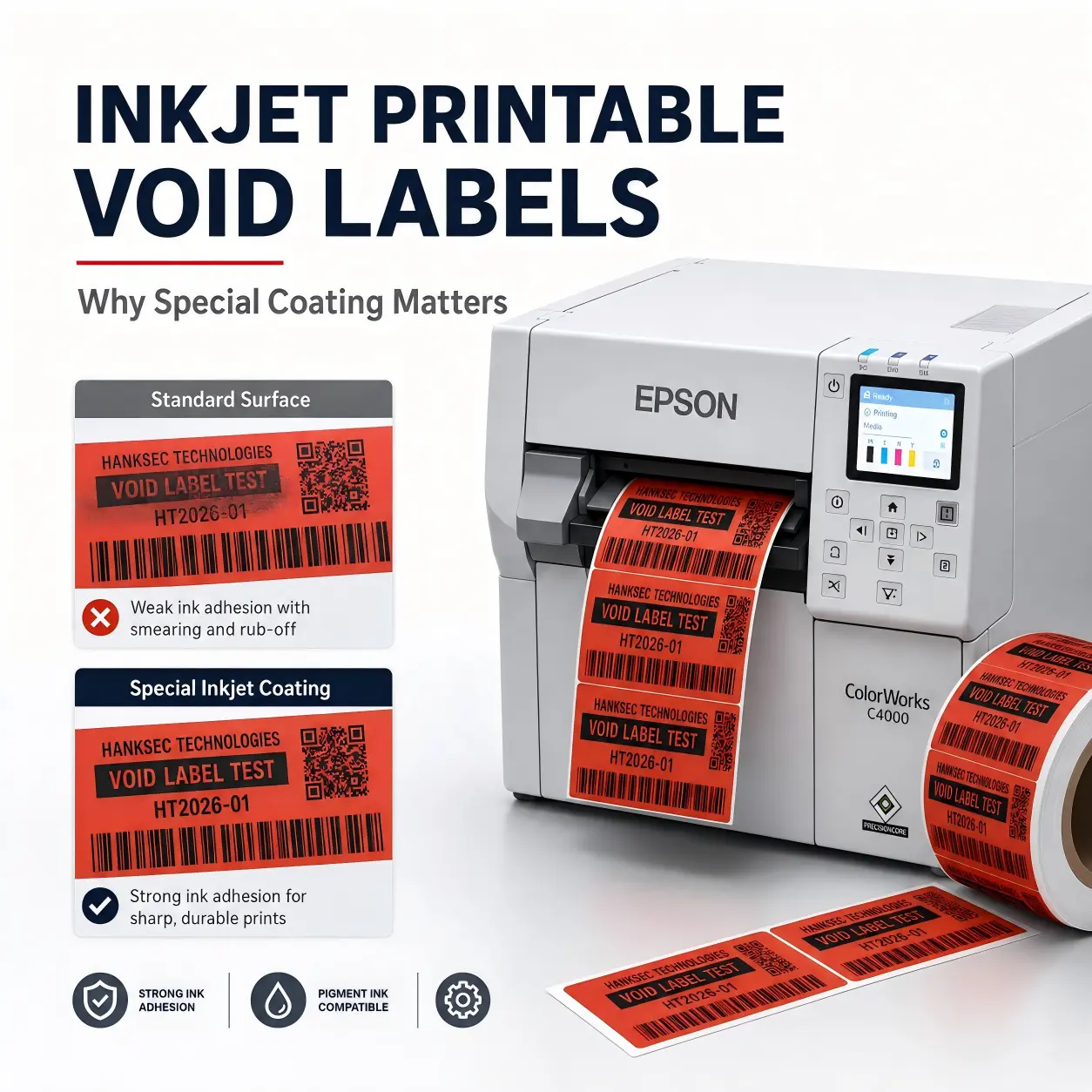 Inkjet printable label materials tested with Epson ColorWorks pigment inkjet printing, comparing standard security film with a special printable coating.