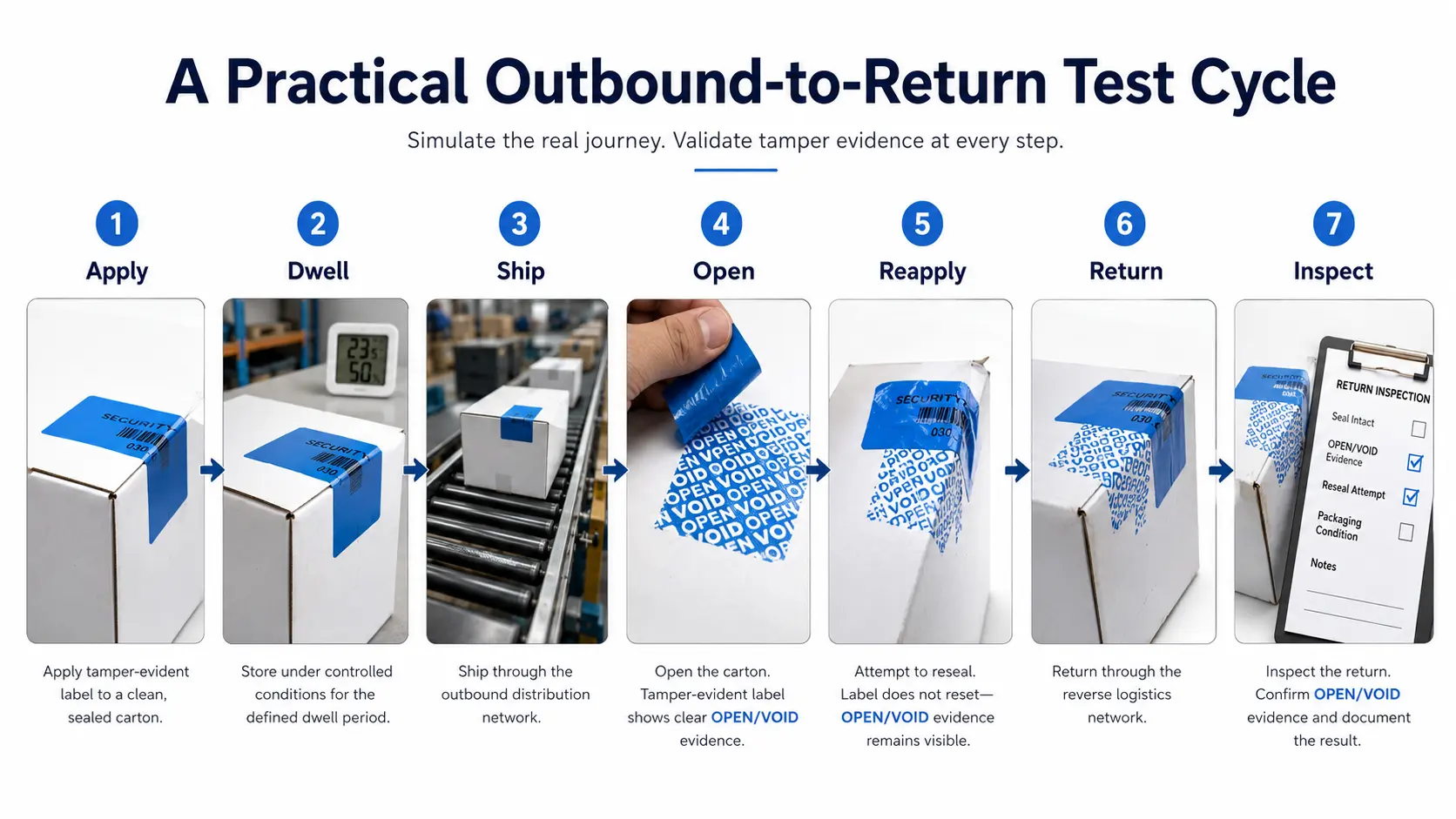 Outbound-to-return tamper-evident packaging test cycle showing apply, dwell, ship, open, reapply, return and inspect steps.