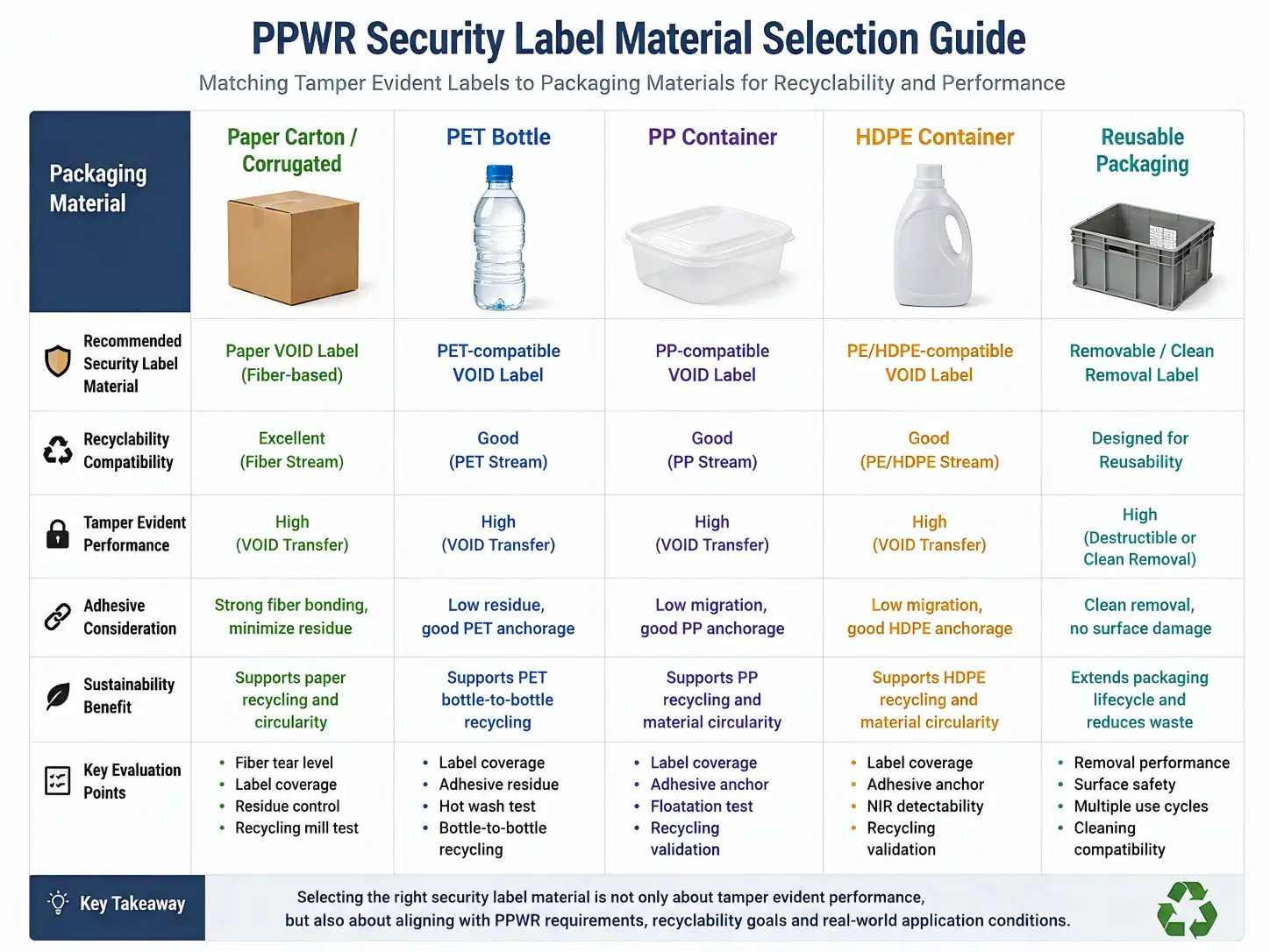 Guía de selección de materiales para etiquetas de seguridad PPWR para papel, PET, PP, HDPE y envases reutilizables.