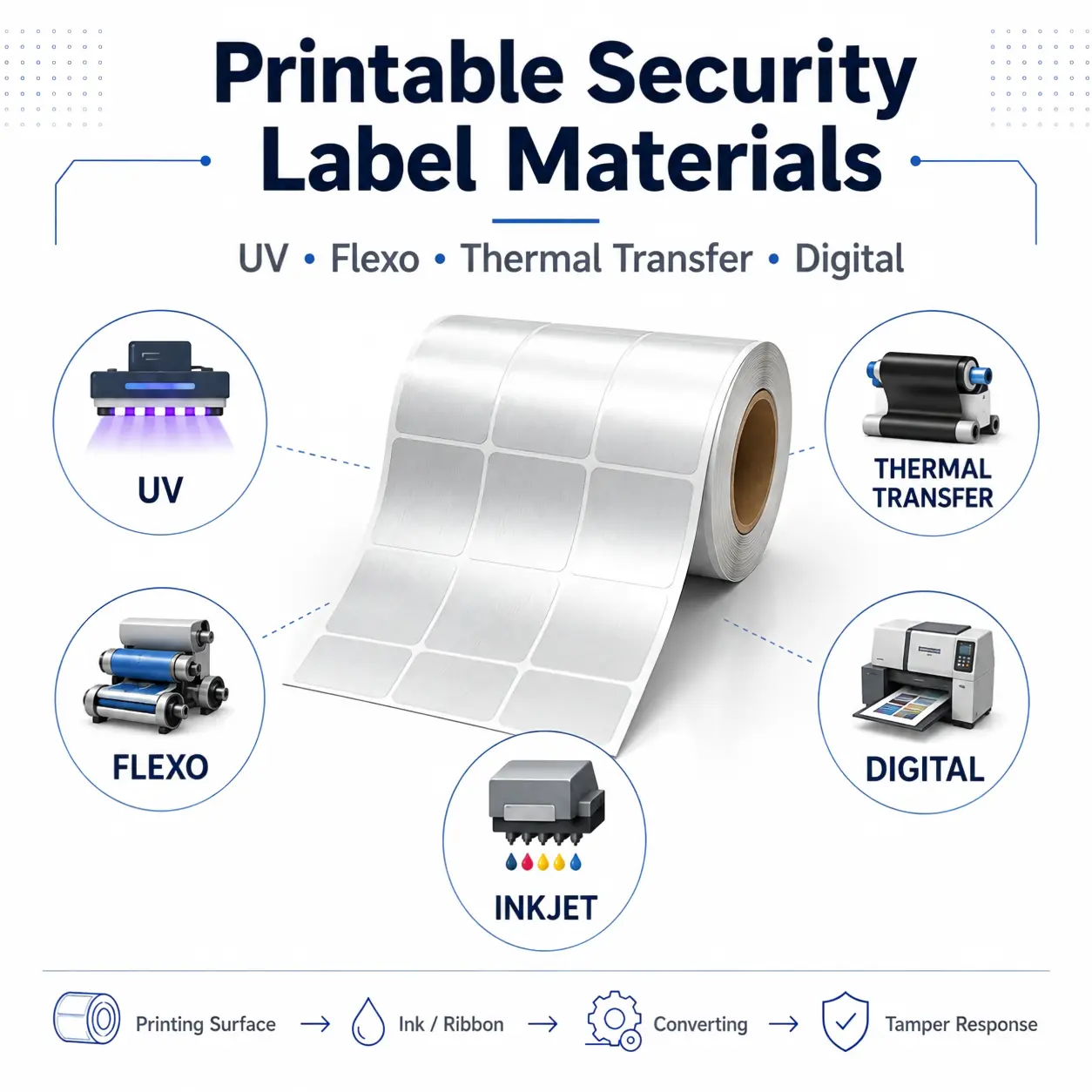 Printable security label materials for UV, flexographic, thermal transfer, digital and inkjet printing.
