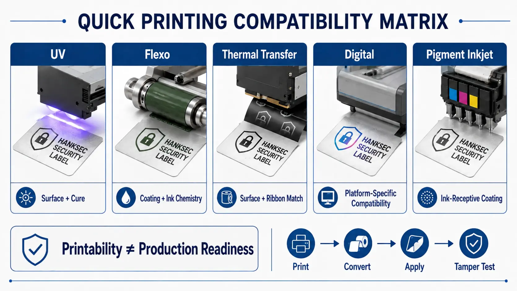 Security label printing compatibility comparison for UV, flexo, thermal transfer, digital and pigment inkjet processes.
