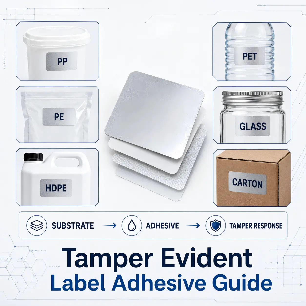 Tamper evident label adhesive selection for PP, PE, HDPE, PET, glass and coated carton substrates.