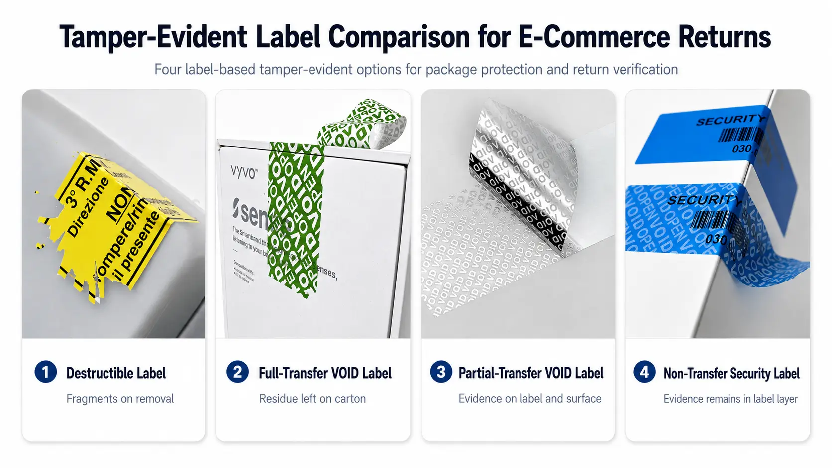 Comparison of destructible, full-transfer VOID, partial-transfer VOID and non-transfer security labels for ecommerce returns.