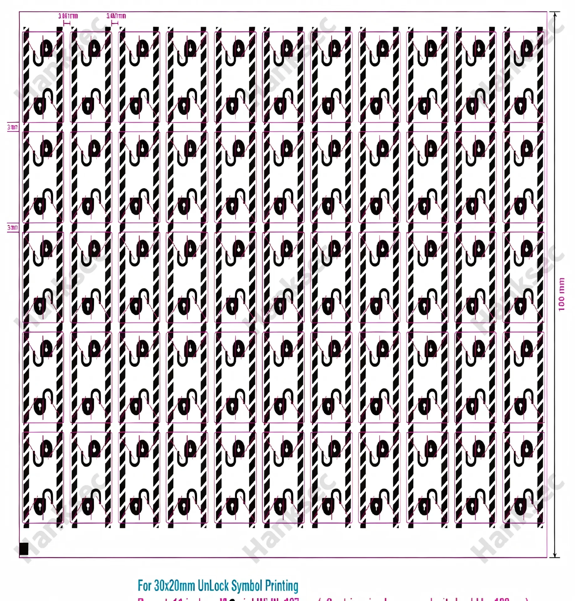 Production layout for 30 by 20 millimeter tamper-evident labels with custom lock symbols and die-cut spacing