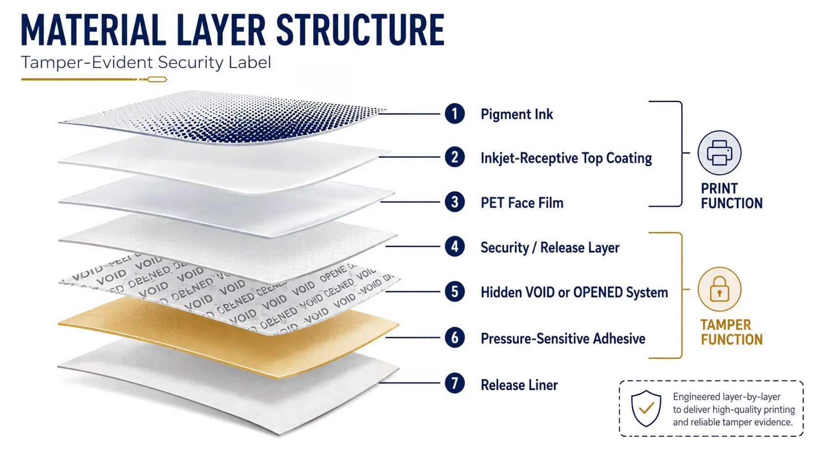 Material layer structure of an inkjet printable tamper-evident security label showing pigment ink, top coating, PET face film, security layer, VOID function, adhesive and release liner.