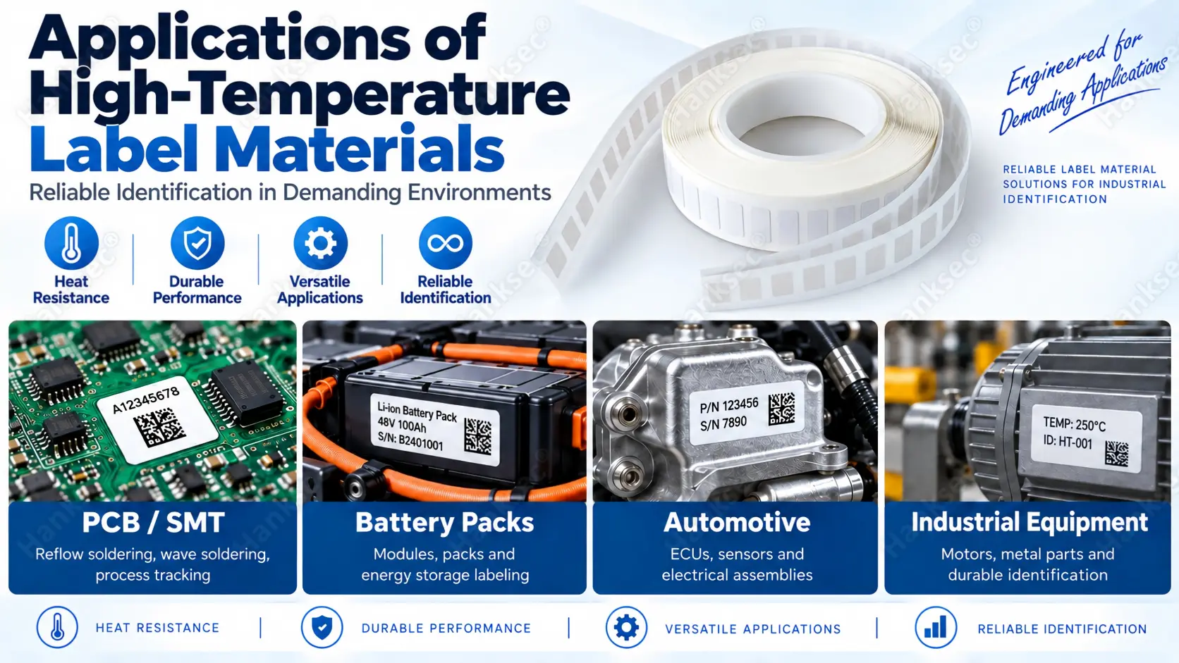 High-temperature polyimide label material applications for PCB, SMT, battery packs, automotive components and industrial equipment.
