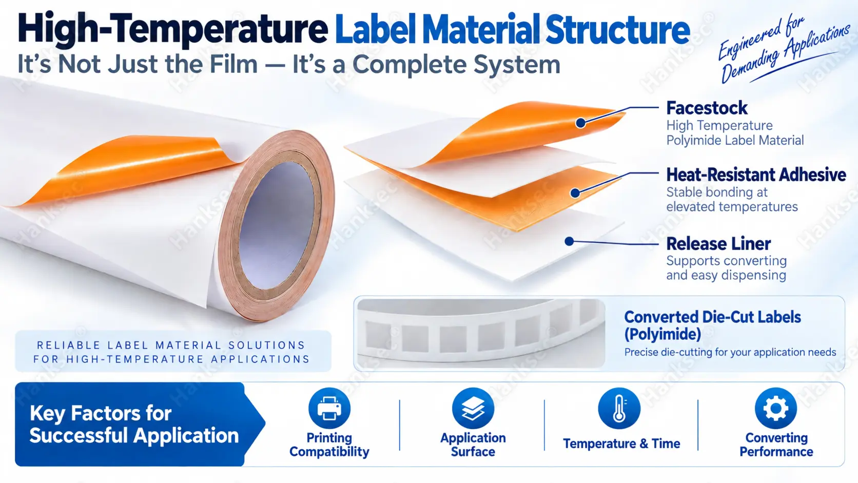 High-temperature polyimide label material structure showing facestock, heat-resistant adhesive, release liner and converted die-cut labels.