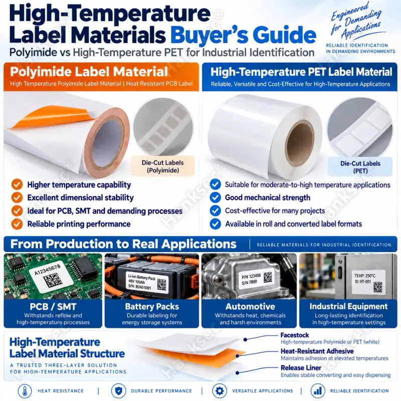 High Temperature Polyimide Label Material buyer’s guide with high-temperature PET comparison and industrial applications.