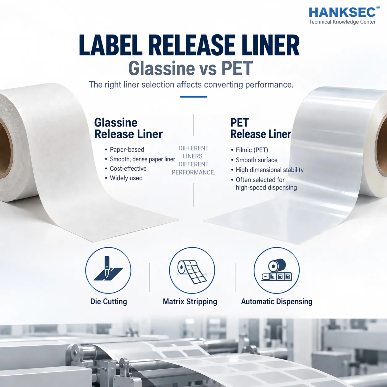 Glassine vs PET label release liner for die cutting, matrix stripping and automatic dispensing