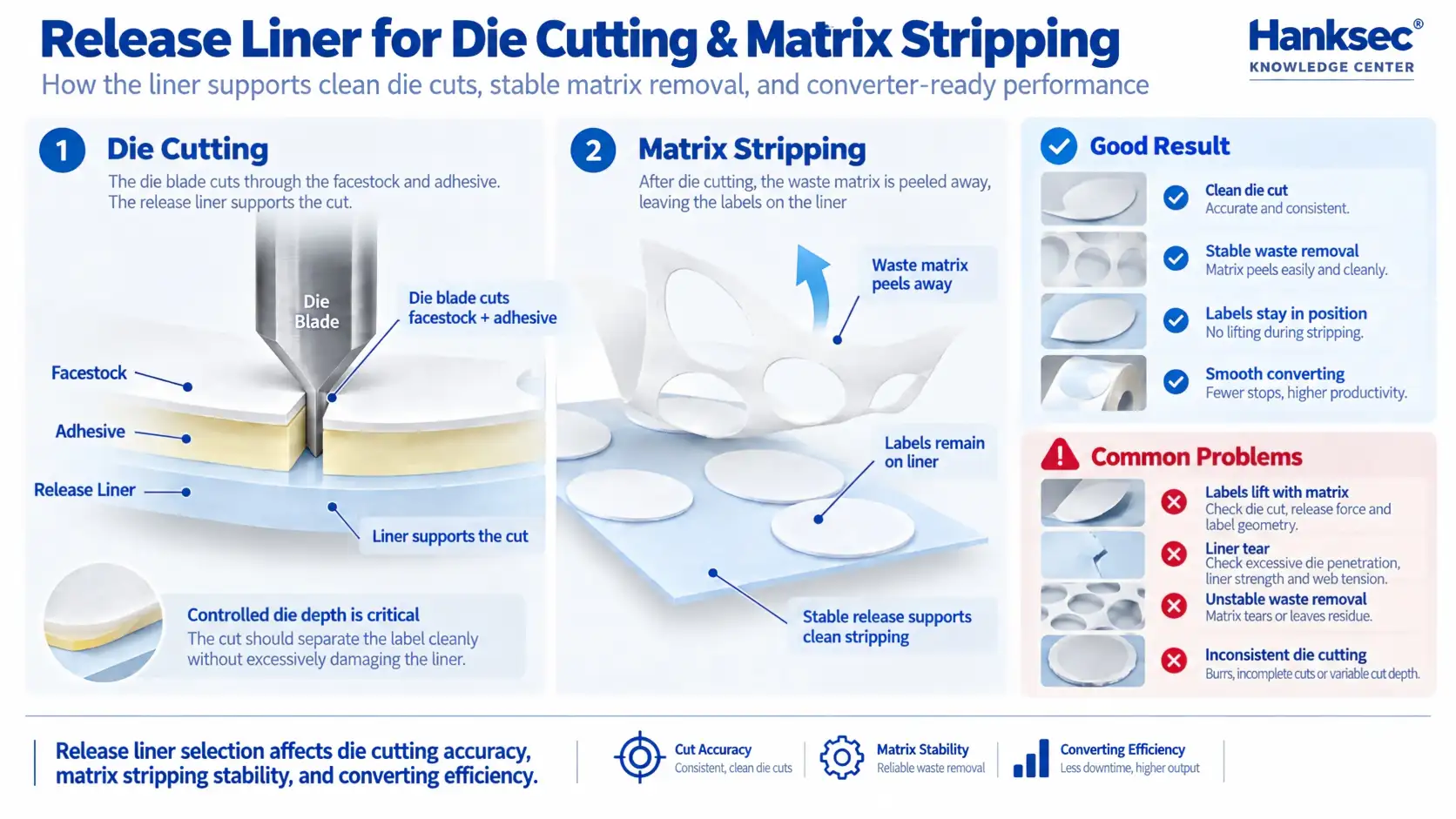 Release liner performance in die cutting and matrix stripping for security label converting