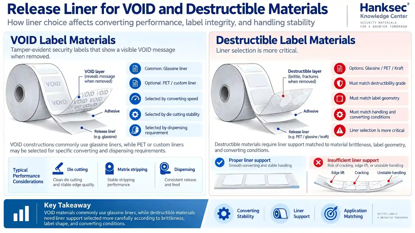 Release liner options for VOID label materials and destructible label materials