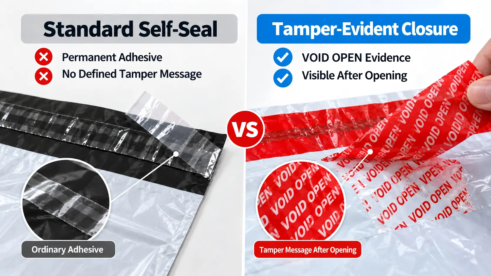 Comparison between a standard self-seal courier bag and a tamper evident courier bag with visible security closure evidence.