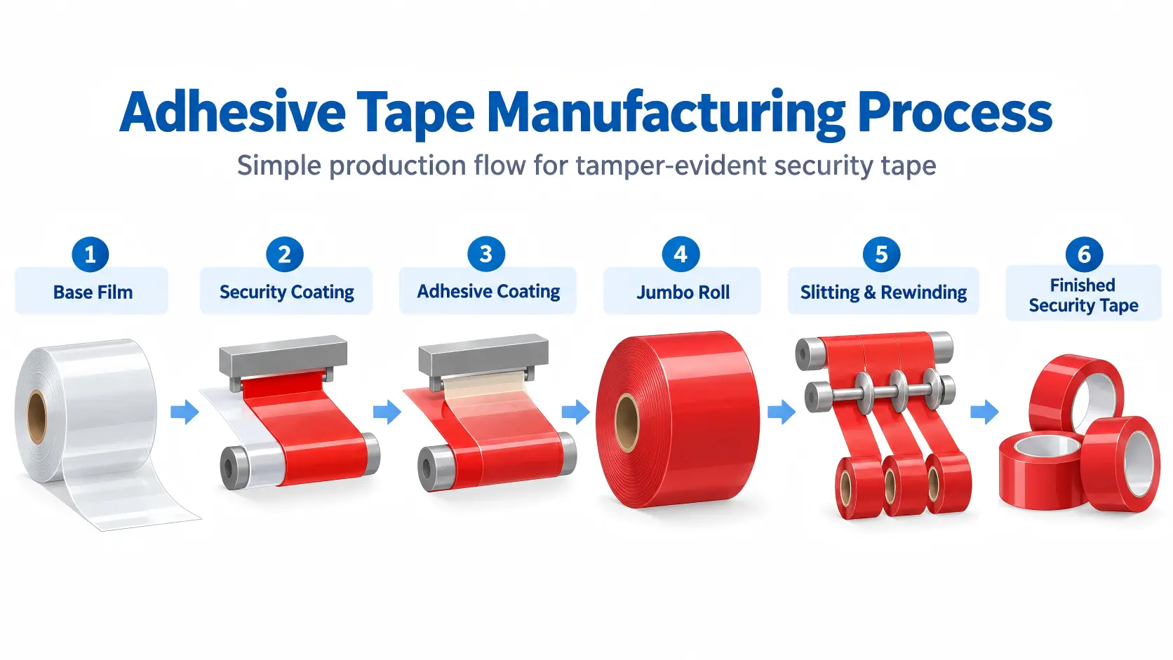 Adhesive tape manufacturing process flow for tamper-evident security tape, from base film and security coating to adhesive coating, jumbo roll and slitting.