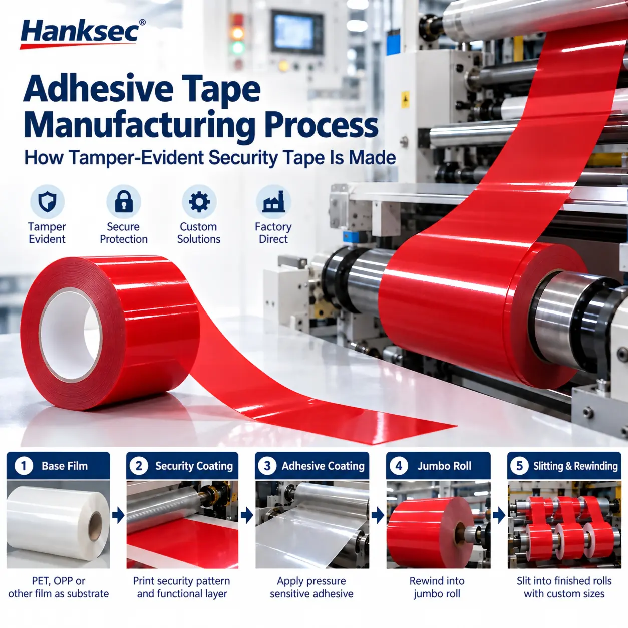 Adhesive tape manufacturing process showing red tamper-evident security tape from base film and coating to jumbo roll slitting and rewinding.