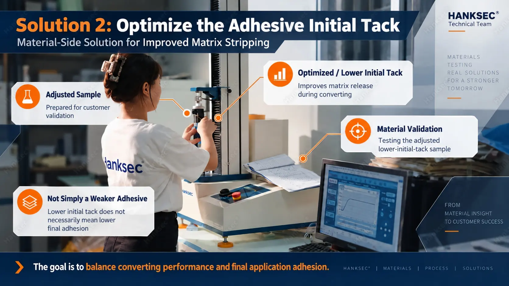 High-temperature label material optimization showing adjusted lower initial tack to improve matrix stripping while maintaining final application adhesion.