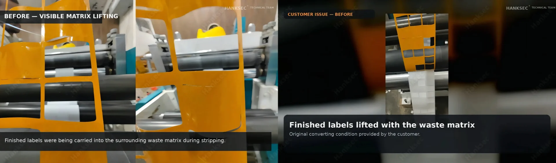 Customer high-temperature label matrix stripping problem showing small finished labels lifting with the waste matrix during converting.