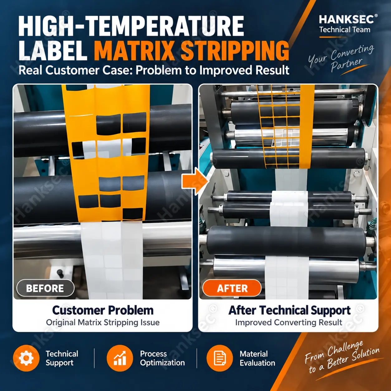 High-temperature label matrix stripping real customer case showing process-side and material-side optimization solutions.