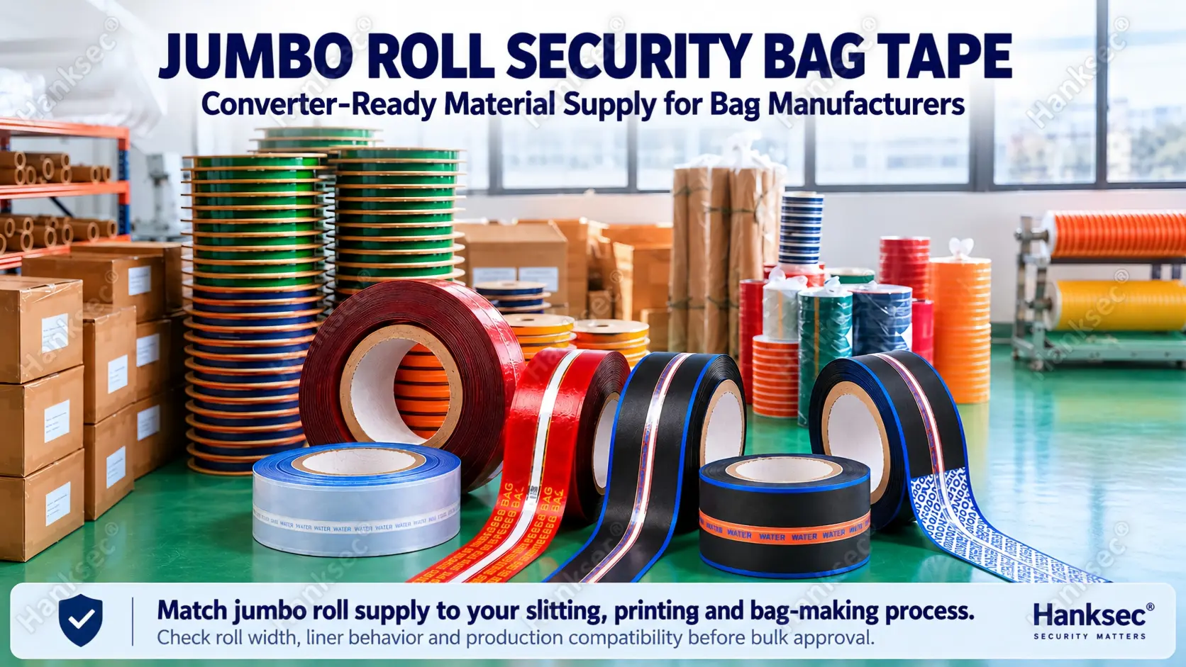 Jumbo roll security bag tape materials for bag manufacturers