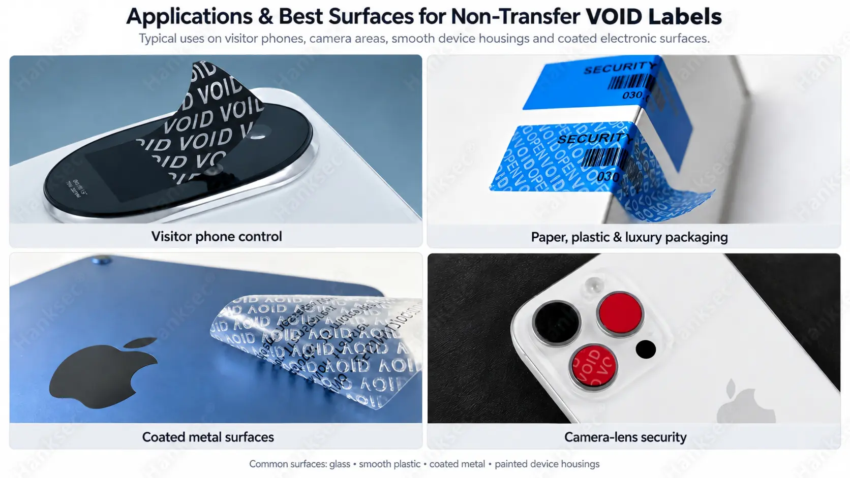 Non-Transfer VOID Label Material applications on electronics, glass, metal, reusable assets and premium packaging.