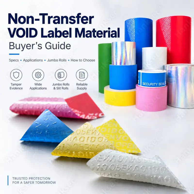 Non-Transfer VOID Label Material buyer guide showing clean-surface tamper evidence and roll material options.