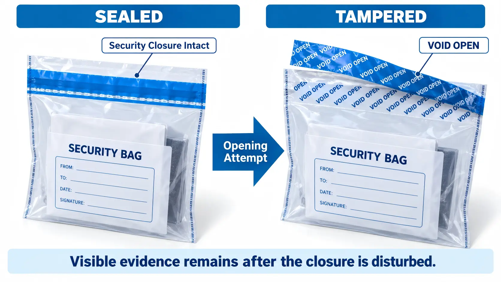 Pharma security bag showing sealed and tampered states with visible VOID OPEN evidence after the security closure is peeled.