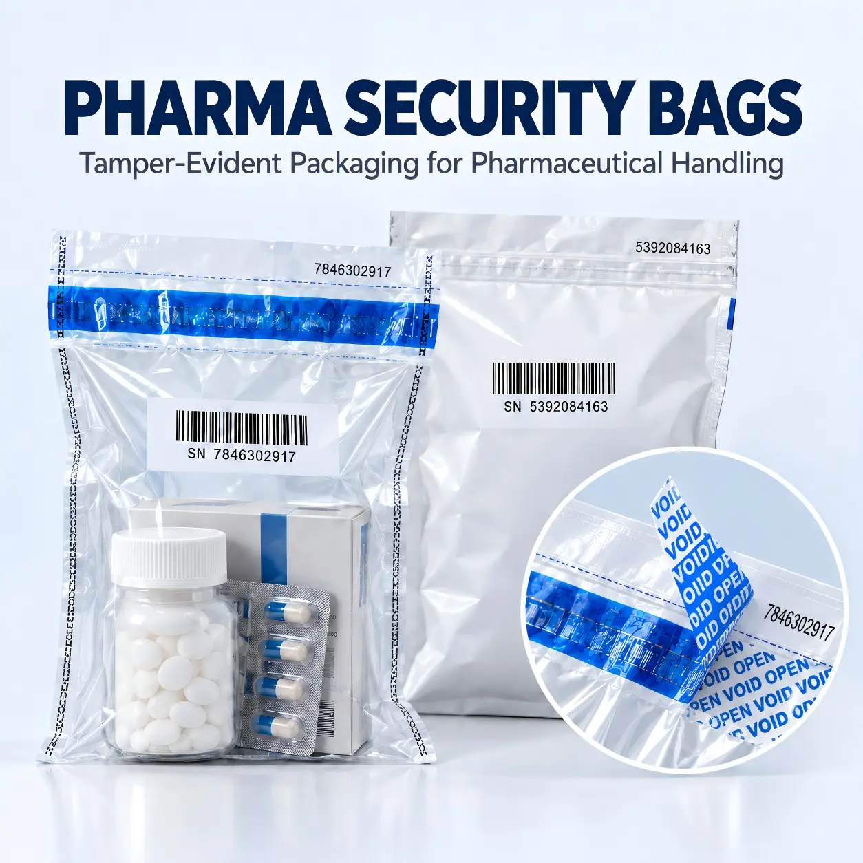 Pharma security bags with tamper-evident closure, serial number and barcode for pharmaceutical handling.