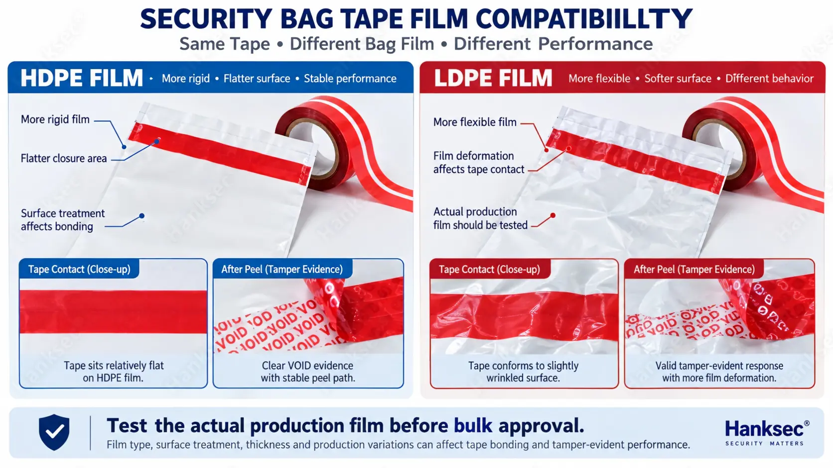 Security bag tape compatibility with HDPE and LDPE bag films