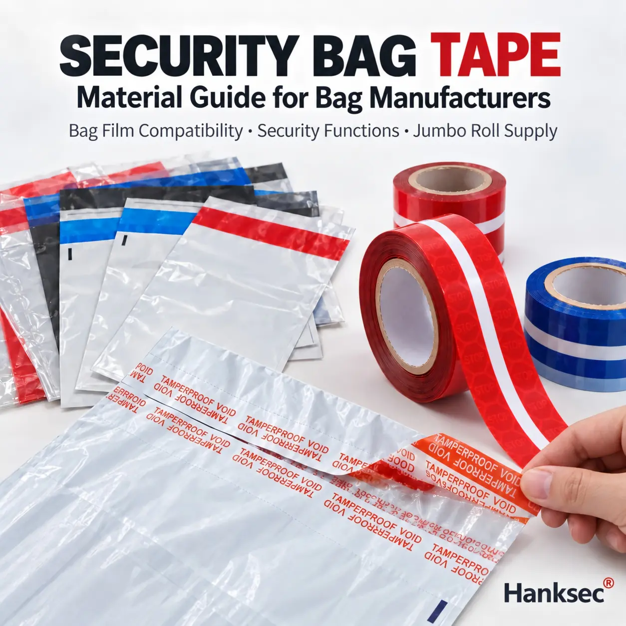 Tamper evident security bag tape for bag manufacturers with security bags and jumbo roll tape materials