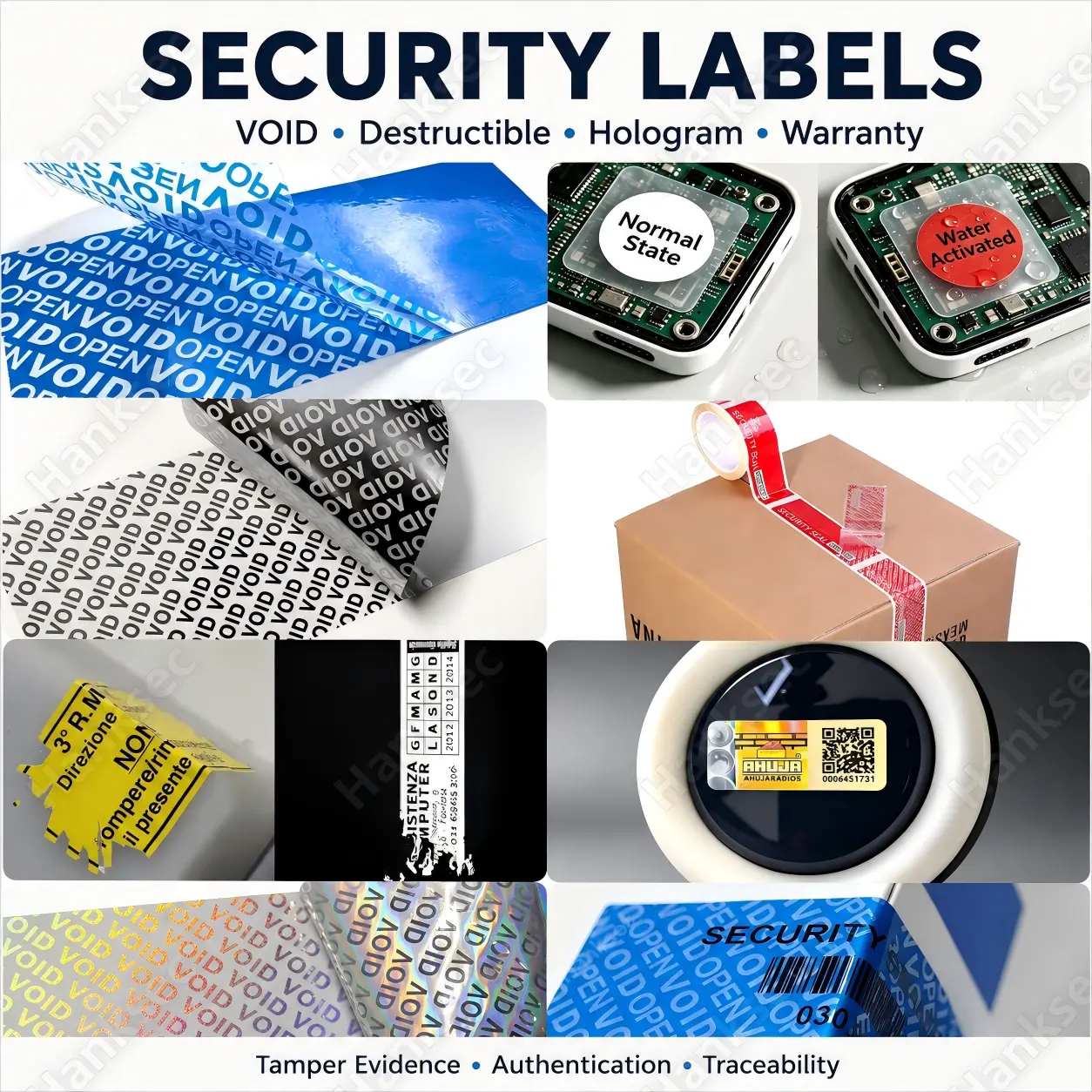 Security labels including VOID, destructible, hologram, warranty and serialized tamper evident label types.