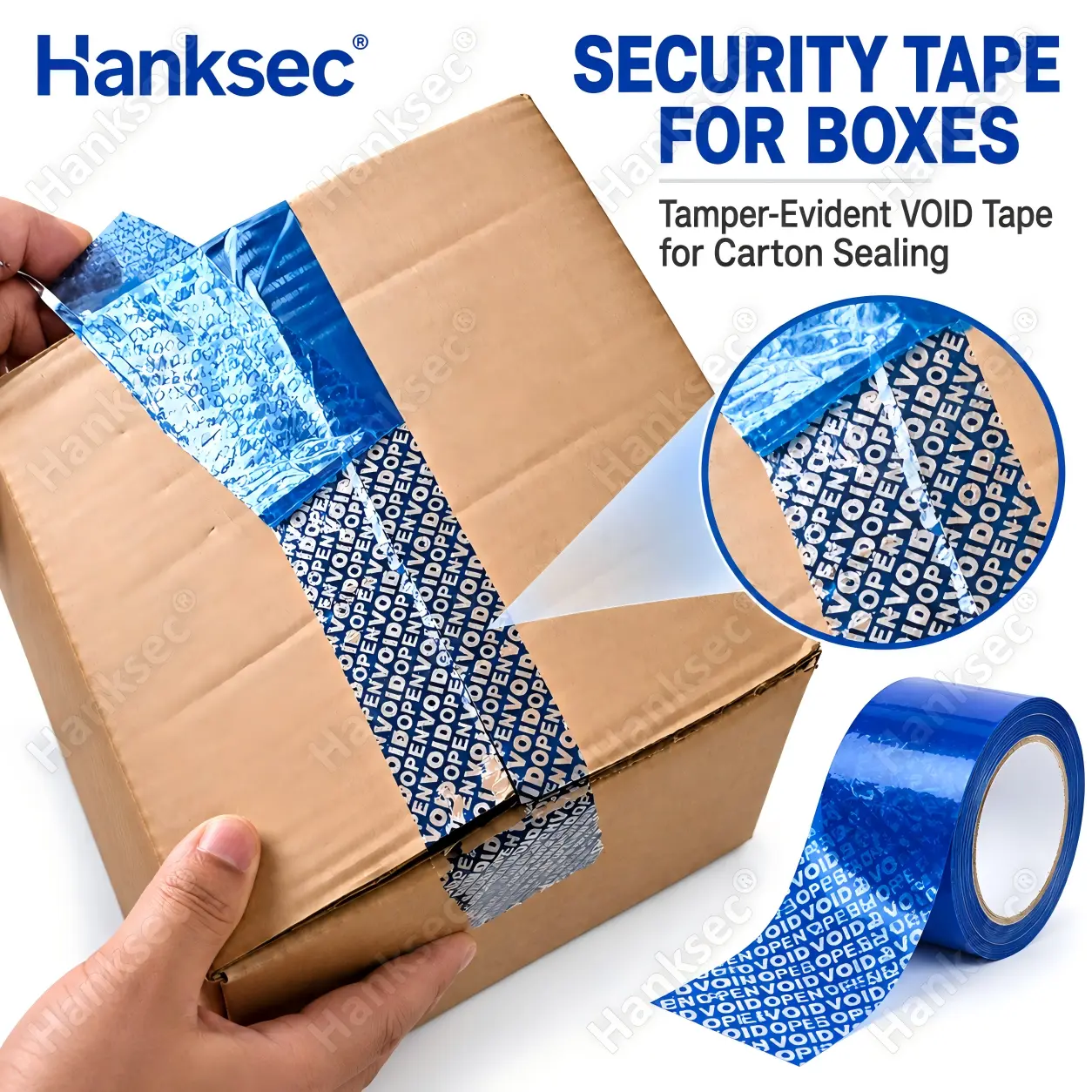 Security tape for boxes with tamper-evident VOID closure applied to a corrugated shipping carton.