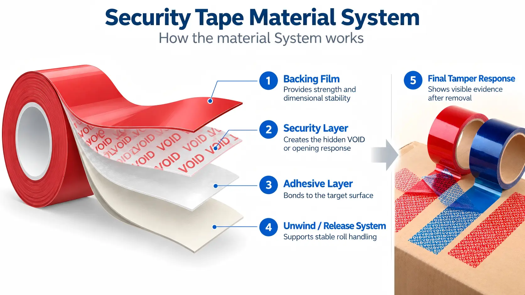 Security tape material system showing backing film, security layer, adhesive layer, unwind release system and final tamper response.