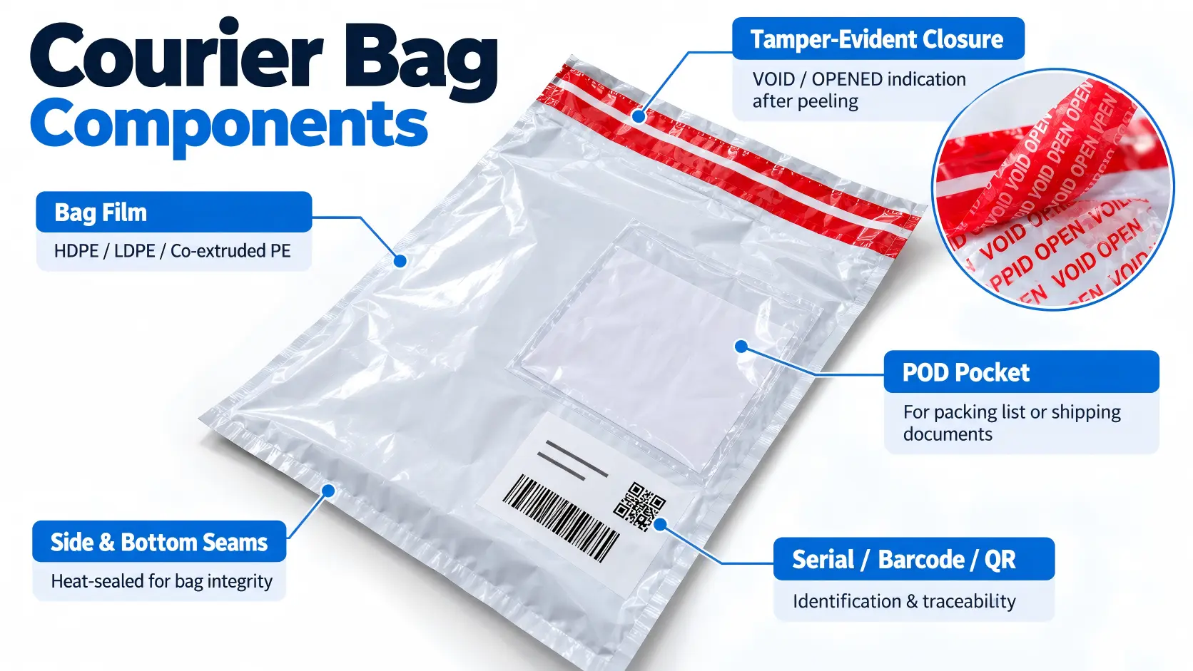 Main components of a tamper evident courier bag including bag film, security closure, side seams, bottom seams, serial identification and POD pocket.