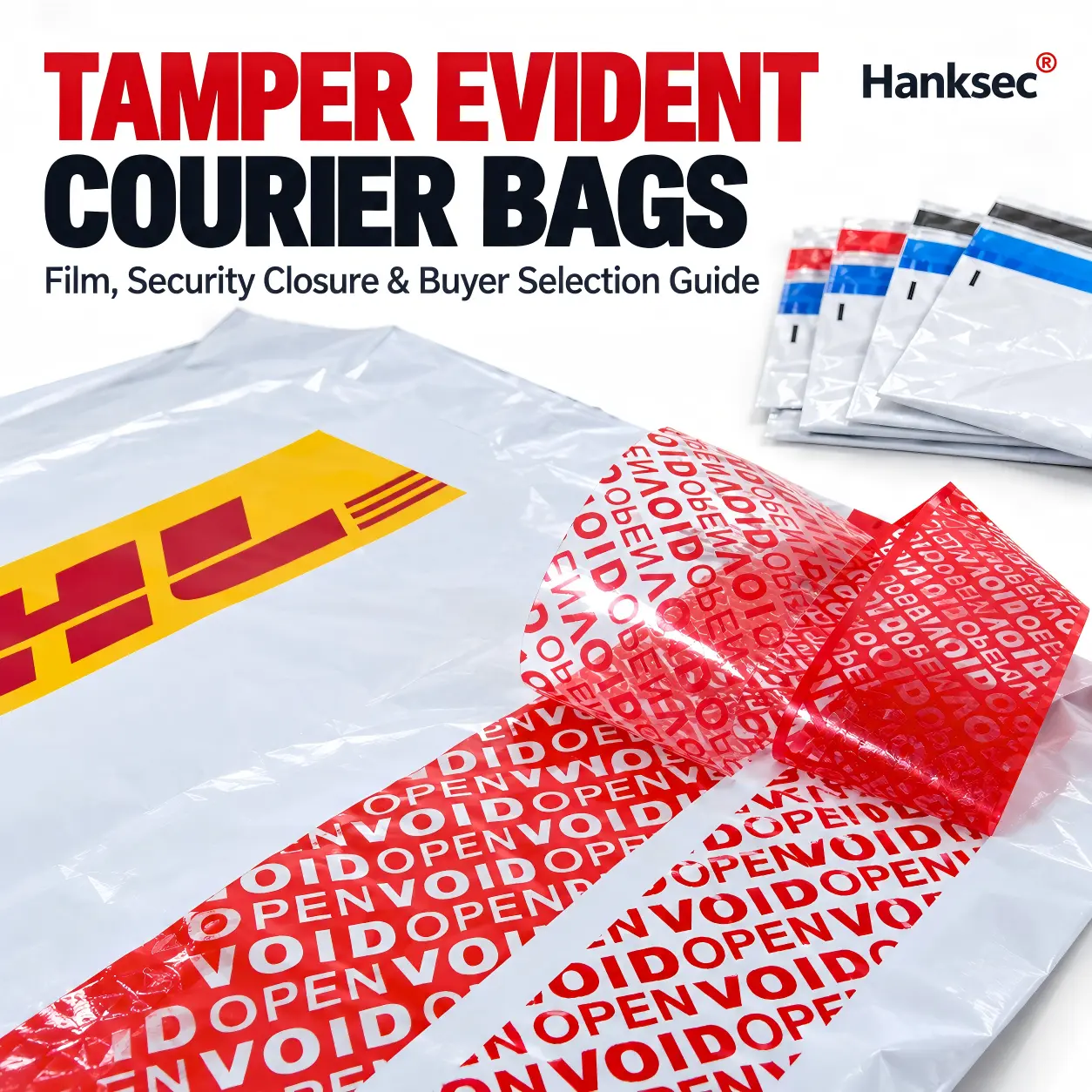 Tamper evident courier bags with VOID OPEN security closure for e-commerce and logistics packaging.