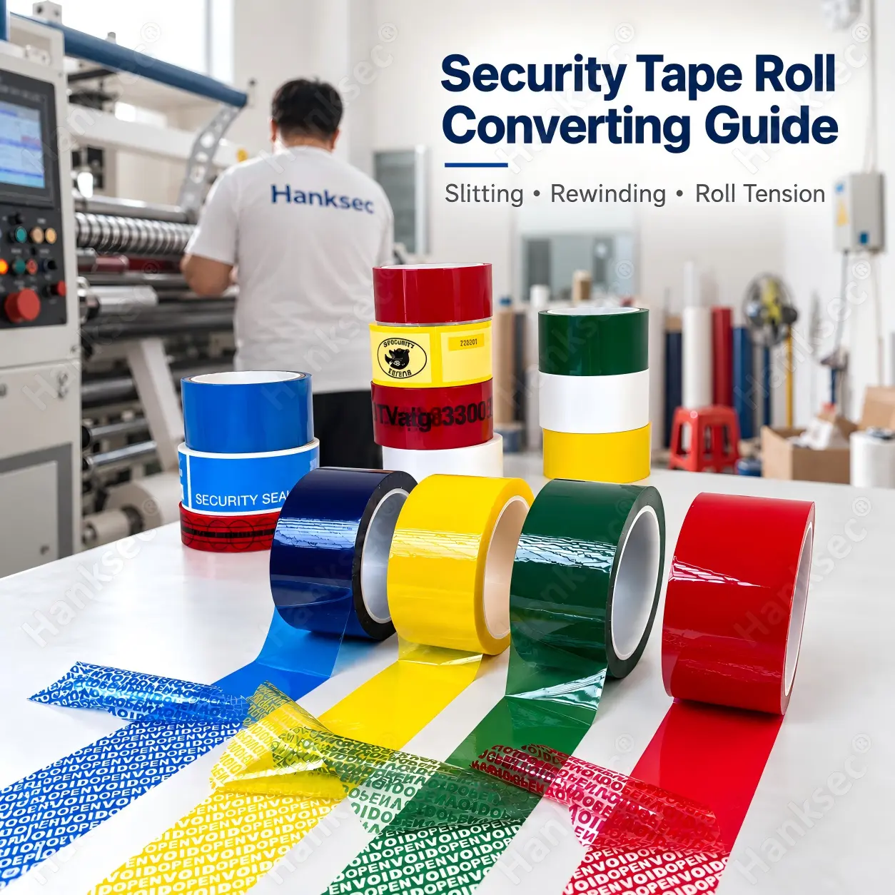 Tamper evident security tape roll converting guide showing slitting machine and converter-ready security tape rolls.