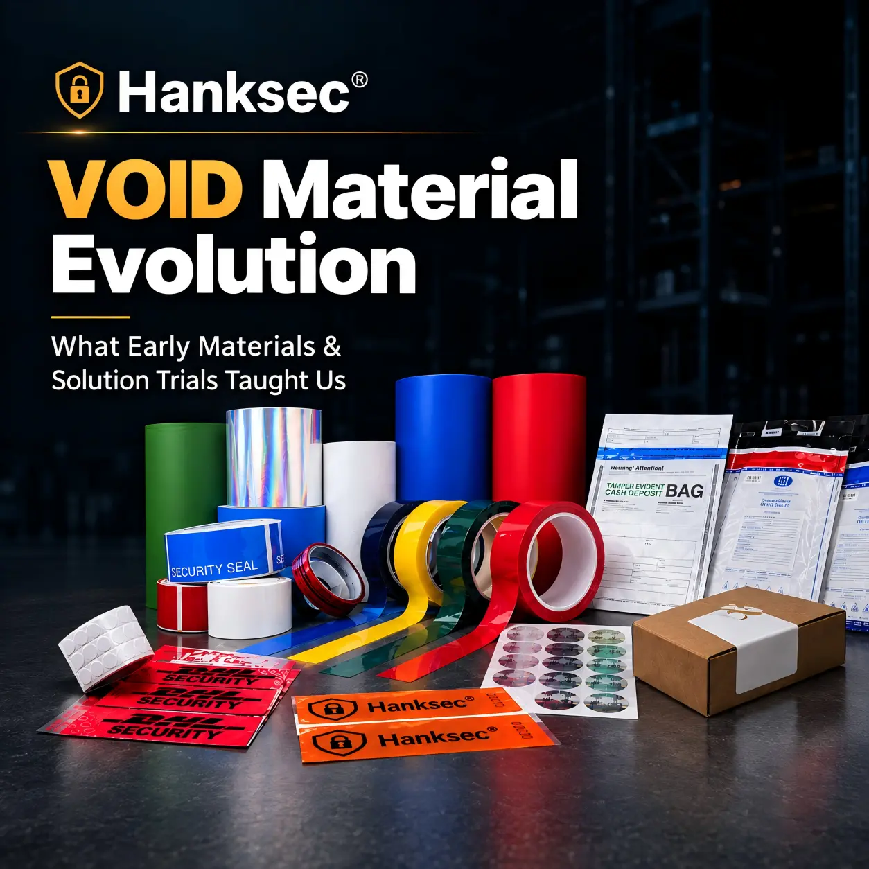 Hanksec tamper-evident VOID material evolution featuring security label materials, security tapes, sealing materials and security bags.
