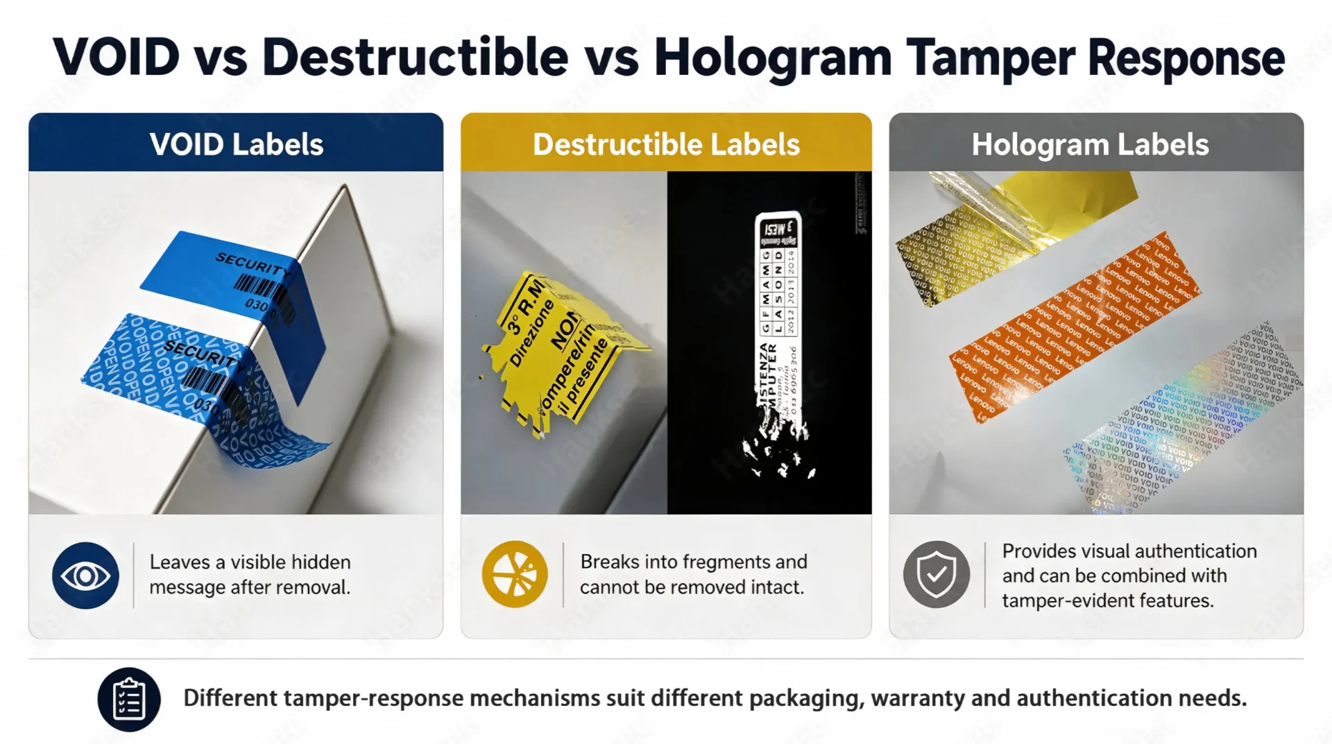 VOID, destructible and hologram security label comparison showing different tamper evidence and authentication responses.