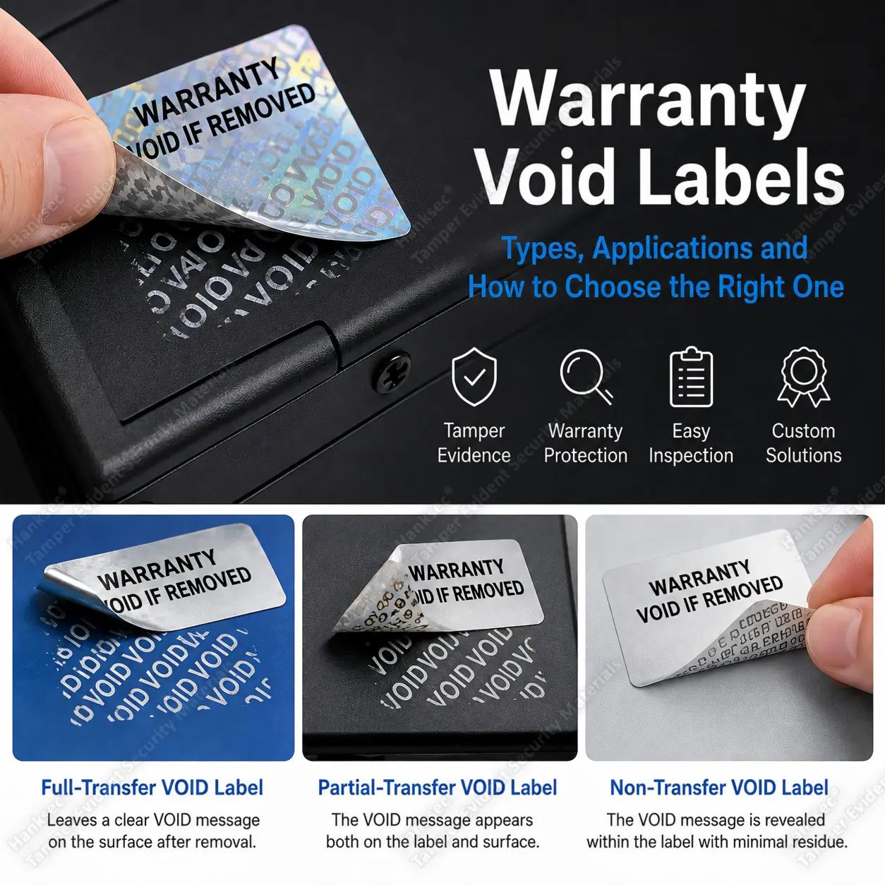 Warranty void labels showing full-transfer, partial-transfer and non-transfer tamper evident label types for electronics and equipment.
