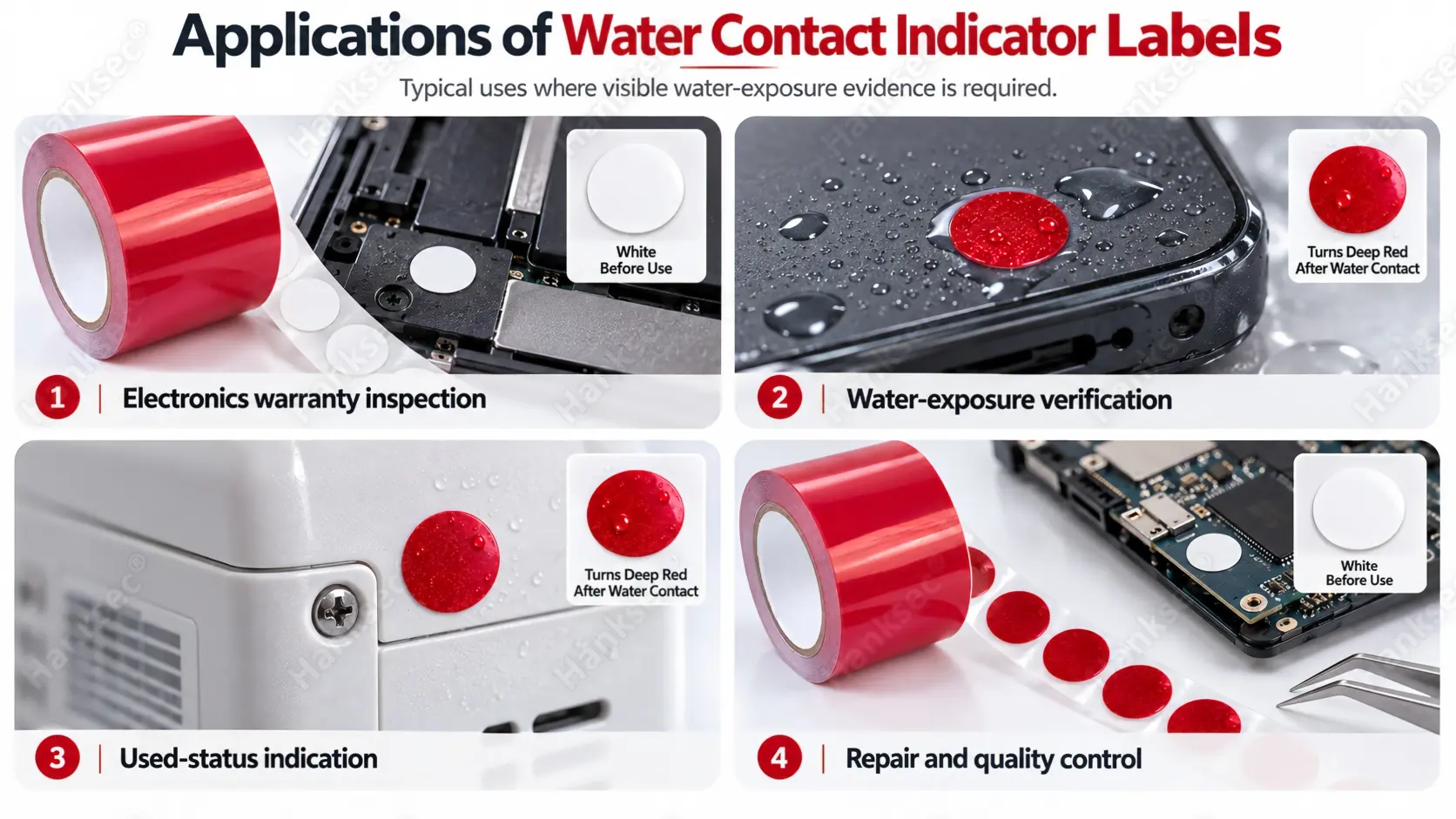 Water Contact Indicator Label applications for electronics, warranty inspection, liquid-exposure verification and industrial testing.