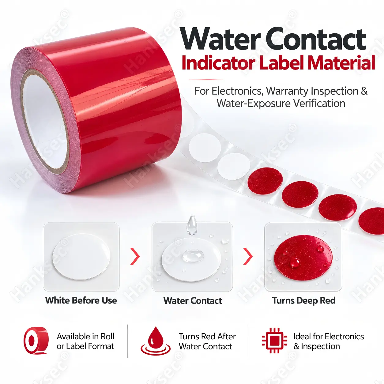 Water Contact Indicator Label Material buyer guide showing white-to-red activation after direct water contact.