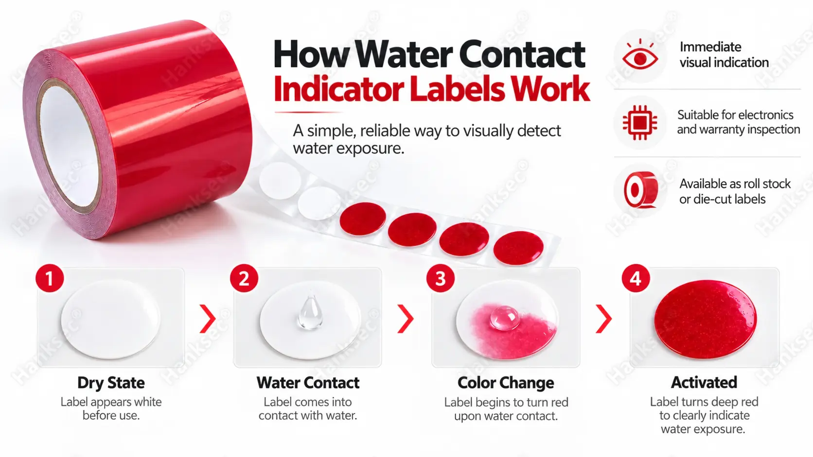 Water Contact Indicator Label Material changing from white to red after direct liquid contact.