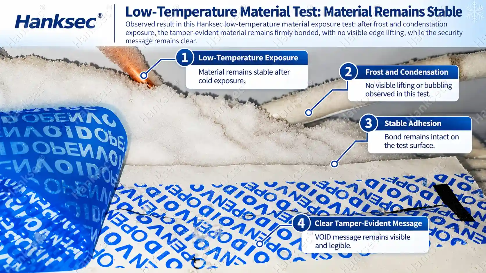 Cold-chain tamper-evident label material low-temperature test showing stable adhesion and clear security message after frost and condensation exposure