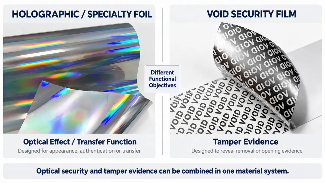 Holographic specialty foil compared with VOID security film showing optical effects and tamper evidence functions.